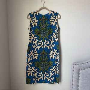 Vintage 60s Stacy Ames dress in paisley batik motif print of green blue & cream